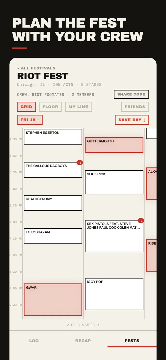 Riot Fest set times on a stage-by-stage grid, with the sets the crew picked highlighted.
