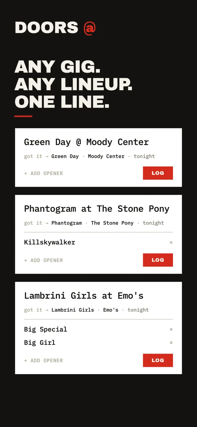 Three shows logged by typing one line each, like Green Day @ Moody Center.